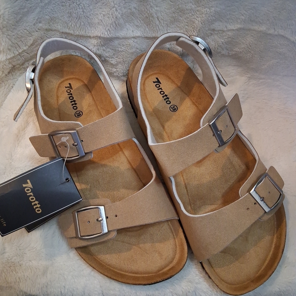 NEW Torotto Beige Double-Buckle Cork Sandals Women Size 8 Men Size 6.5 Cushioned